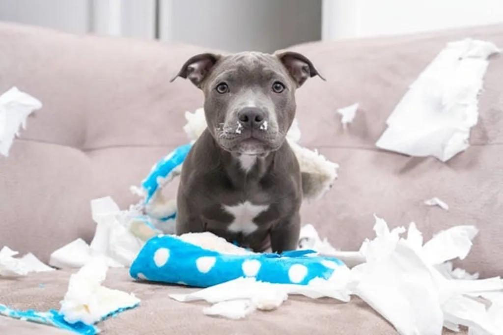 chiot staffie bleu sur le canapé qui à détruit du papier et un panier