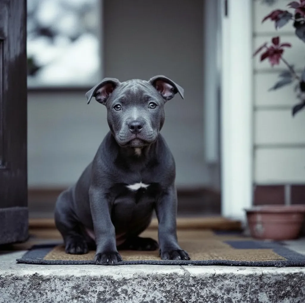chiot staffy assis sur un tapis qui attend son maitre devant la porte 