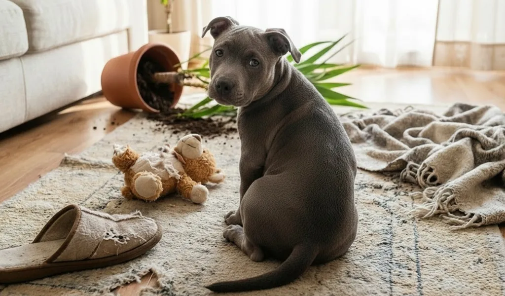 chien staffordshire bull terrier bleu seul à la maison assis qui a détruit une plante, un nounours et des chaussons 