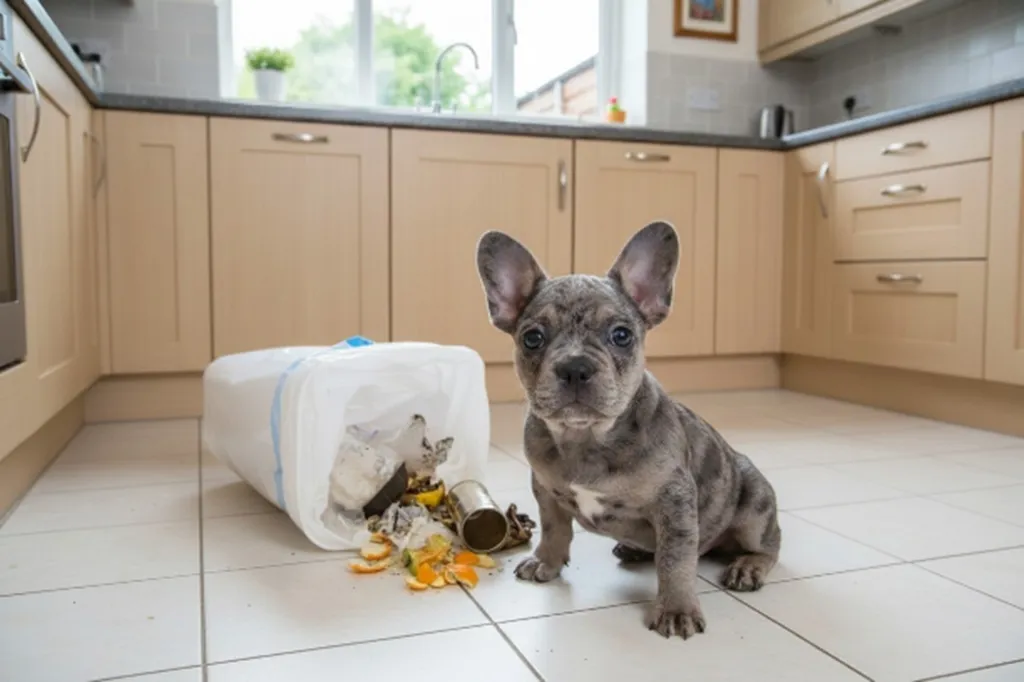 chiot bouledogue français exotique mange les poubelles et fait des bêtises quand il est seul à la maison